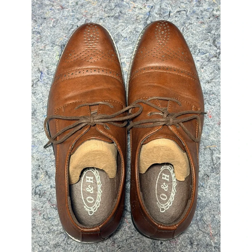 O & H Mens Size 7.5D‎ Brown Faux Leather Cap Toe Brogue Oxford Shoes OH1703-13